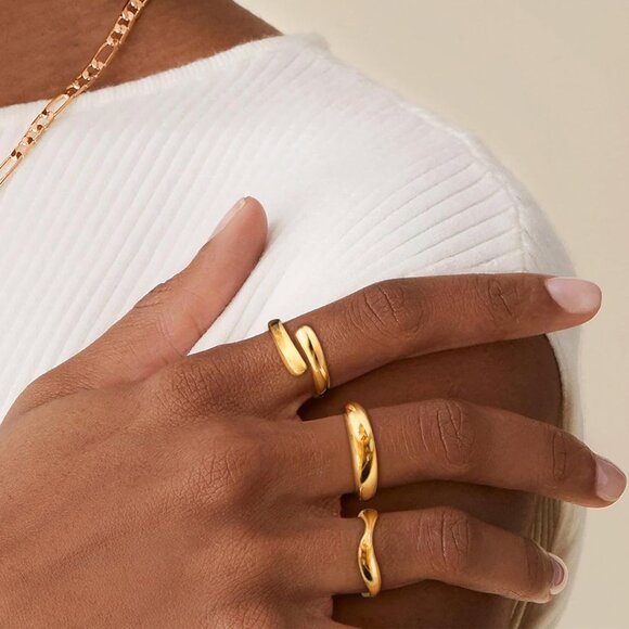 Women Dainty 3pc Stackable Chunky Rings Non Tarnish-Fashion Trendy 14K Gold - Picture 2 of 9